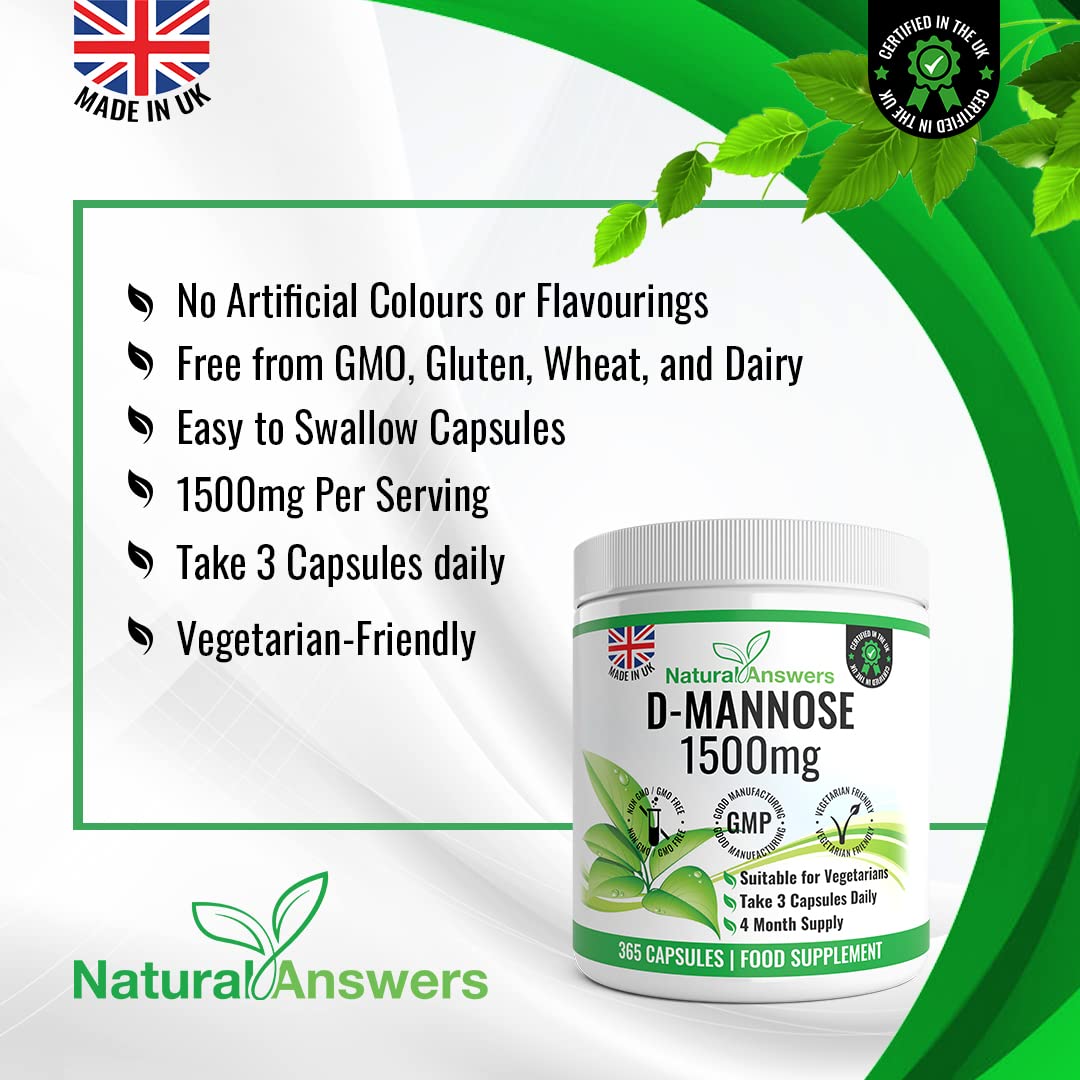 Natural Answers D-Mannose | 365 Capsules | Max Strength 1500mg per Serving - Precision DMannose - Vegetarian Capsules not Tablets or Pills, Made in The UK (365 Count (Pack of 1))