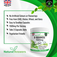 Natural Answers D-Mannose | 365 Capsules | Max Strength 1500mg per Serving - Precision DMannose - Vegetarian Capsules not Tablets or Pills, Made in The UK (365 Count (Pack of 1))
