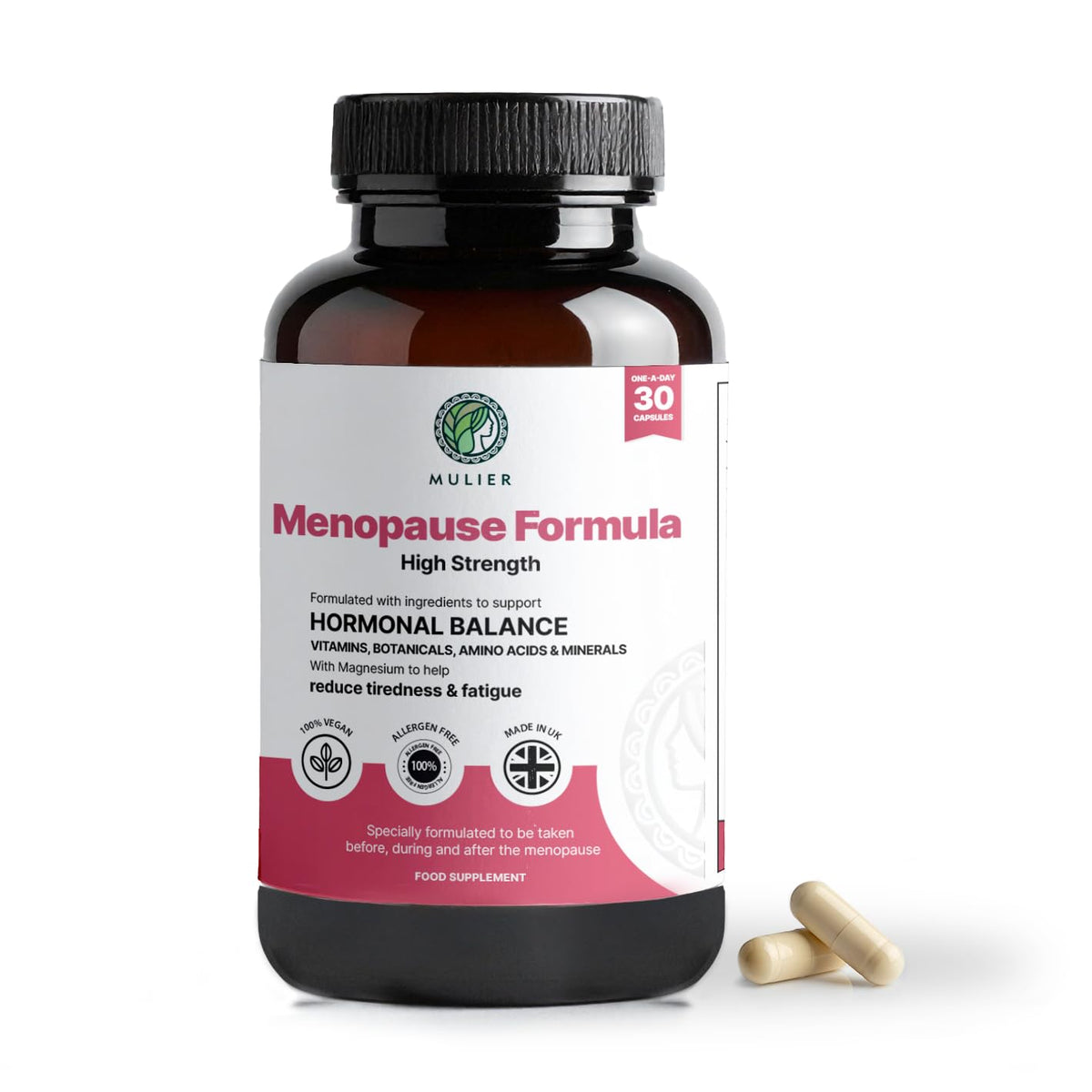 Mulier Menopause Supplement, Allergen Free, Vegan, 14 Supporting Ingredients Incl. Sage, Ashwagandha, K2, CoQ10, 1 Month Supply, 30 Capsules