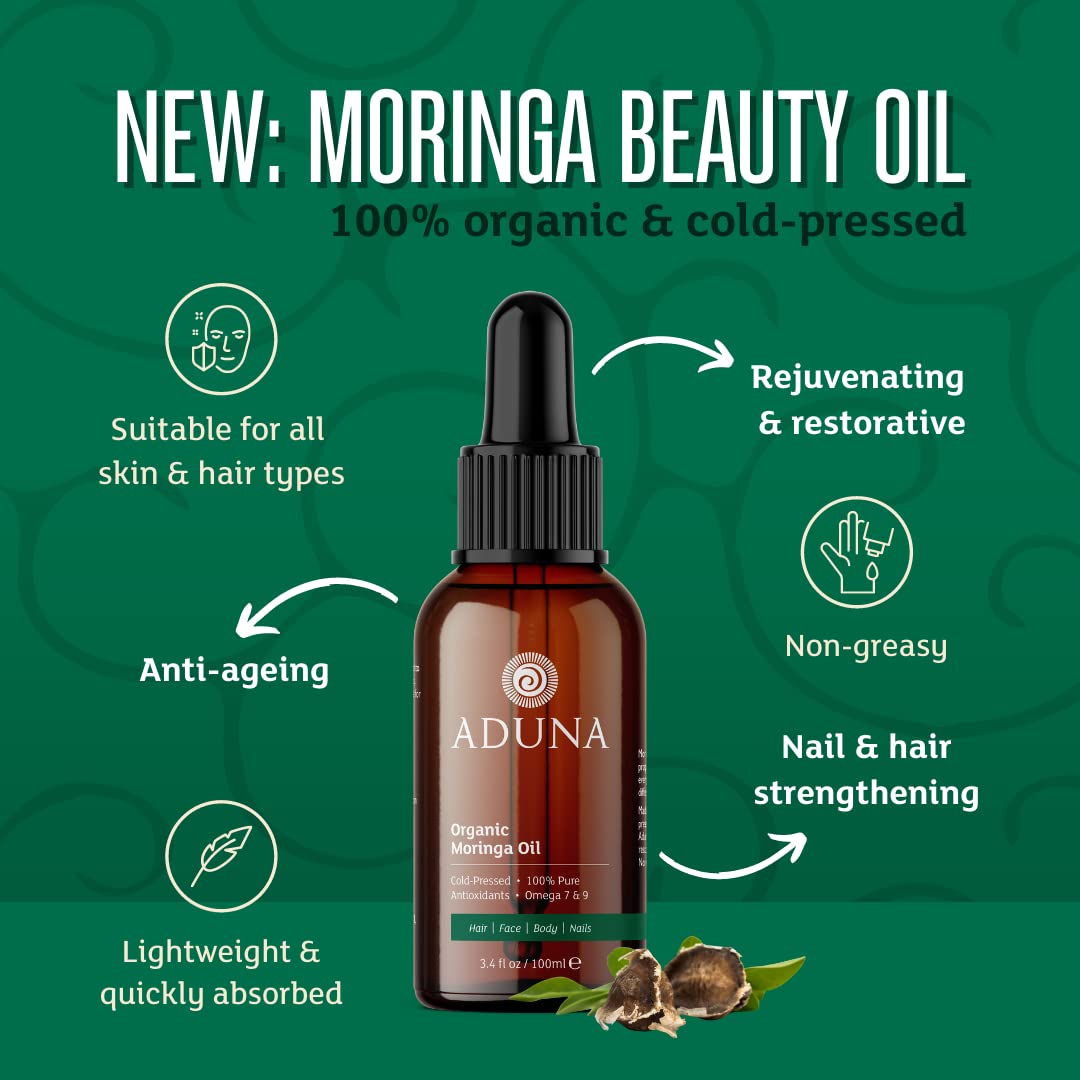 Aduna Moringa Oil 100% Organic 100ml | Unrefined Cold-Pressed Body, Hair & Face Oil | Best for Fine Lines and Moisturising | Antioxidants