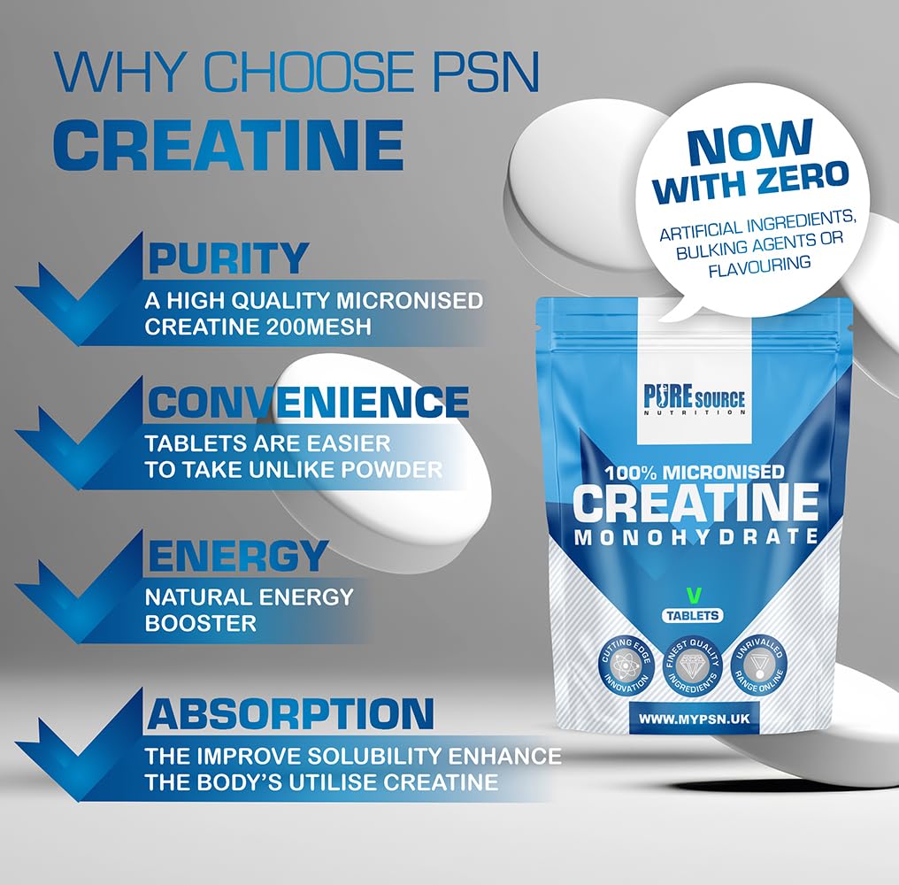 Pure Source Nutrition Creatine Monohydrate Tablets 3000mg Vegan Creatine Tablet - Gym Supplement for Men & Women - Creatine Monohydrate Powder Unflavoured Alternative Energy Supplement Workout by PSN (360 Tablets)