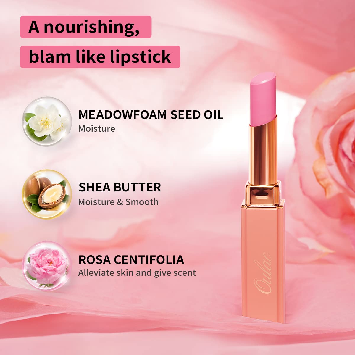 Oulac Moisture Shine Lipstick, Juicy Finish, Balm-like Texture,Moisturizing Lips,90% Essential Oils,Vegan, Cruelty-free & Gluten-free (07 First Love (Mauve pink))