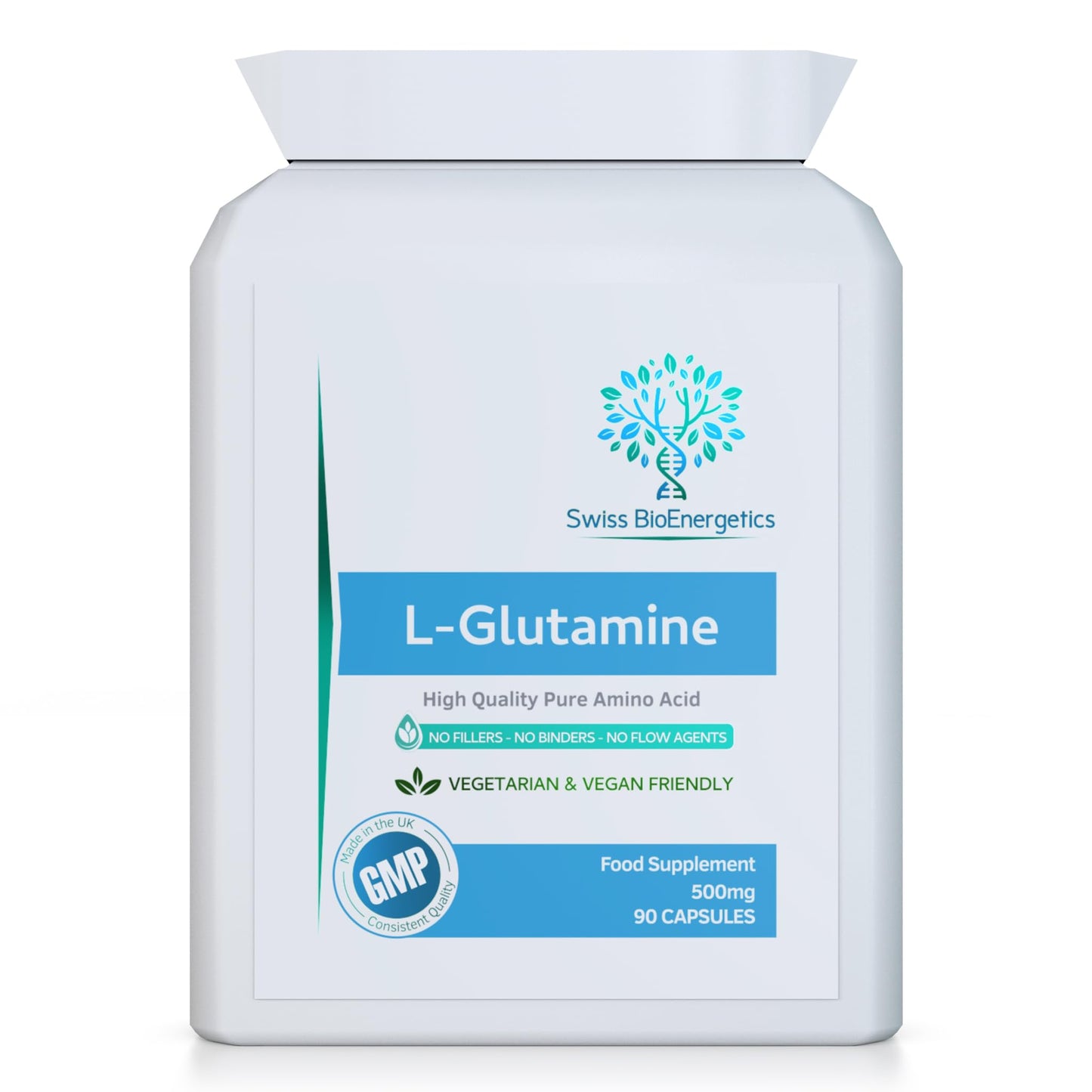 swiss bioenergetics L-Glutamine 500mg 90 Capsules - Pure Amino Acid with no fillers or Binders - Suitable for Vegetarians and Vegans – Exclusively Manufactured in The UK