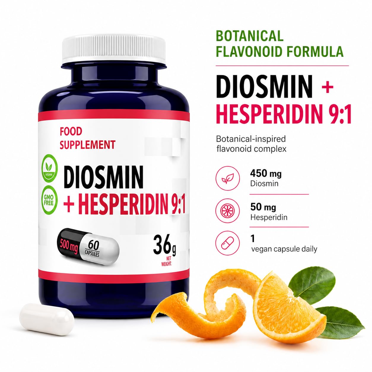 Hepatica Diosmin & Hesperidin 500mg | Diosmin 450mg & Hesperidin 50mg | Bioflavonoid Complex | 60 Vegan Capsules | 2-Month Supply | 3rd Party Lab Tested