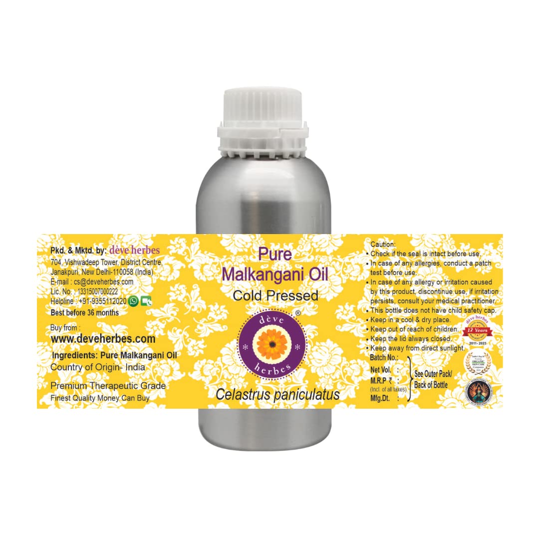 Deve Herbes Pure Malkangani (Malkangni/Jyotishmati) Oil (Celastrus paniculatus) 100% Natural Therapeutic Grade Cold Pressed 630ml (21.3 oz)