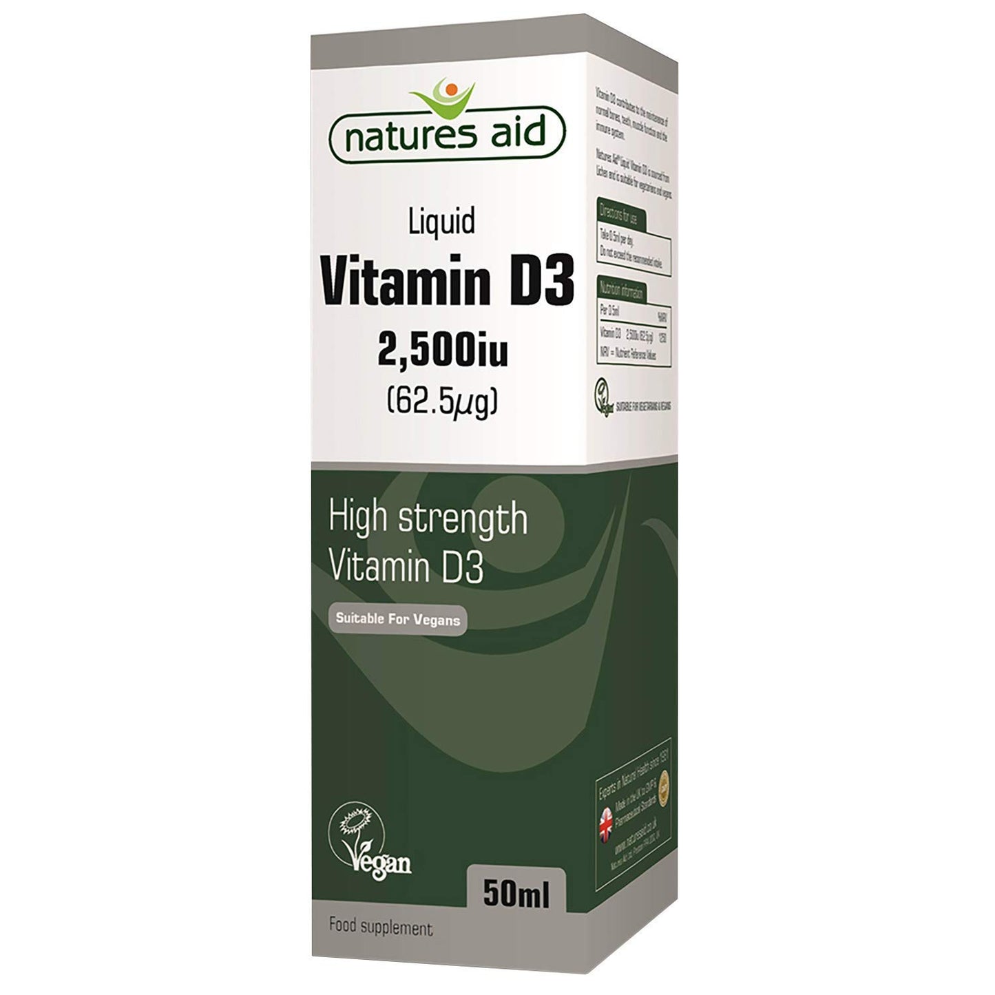 natures aid Natures Aid Vegan Vitamin D3/Cholecalciferol Liquid, 2500iu, Dropper Included, 50 ml (Pack of 1)