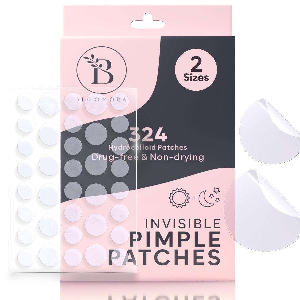 BLOOMORA Invisible Pimple Patches for Face (324 Count), Hydrocolloid Stickers Covers Pimples, Zit Patches for Spot Cover, Clear (2 Sizes - S/L)