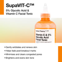 Carbon Theory SupaVIT-C Vitamin C Skin Toner for Face - 5% Glycolic Acid Toner & Blemish Control Cleanser - Reduces Excess Oil & Minimises Pores - Exfoliating Vegan Facial Tonic - 250ml