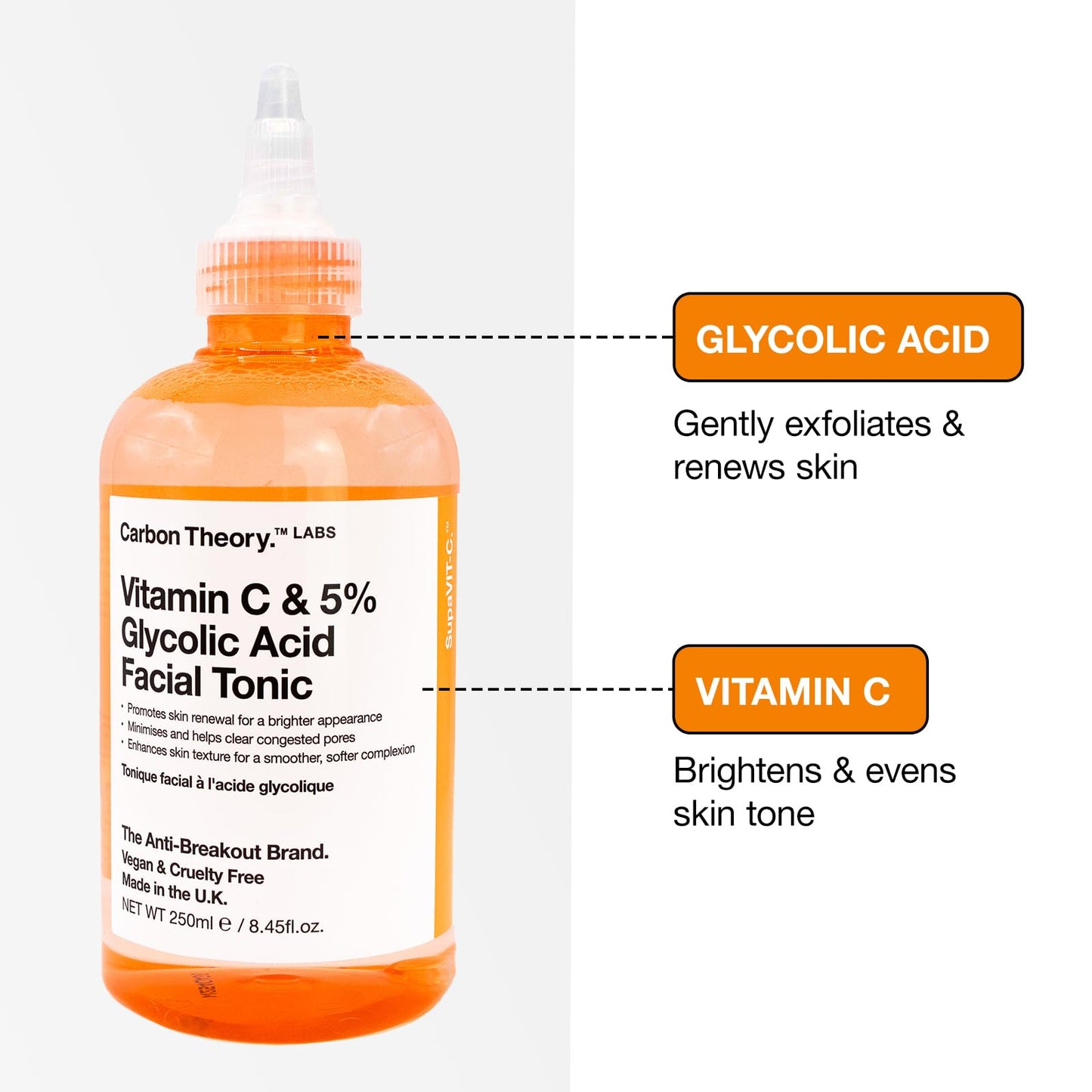 Carbon Theory SupaVIT-C Vitamin C Skin Toner for Face - 5% Glycolic Acid Toner & Blemish Control Cleanser - Reduces Excess Oil & Minimises Pores - Exfoliating Vegan Facial Tonic - 250ml