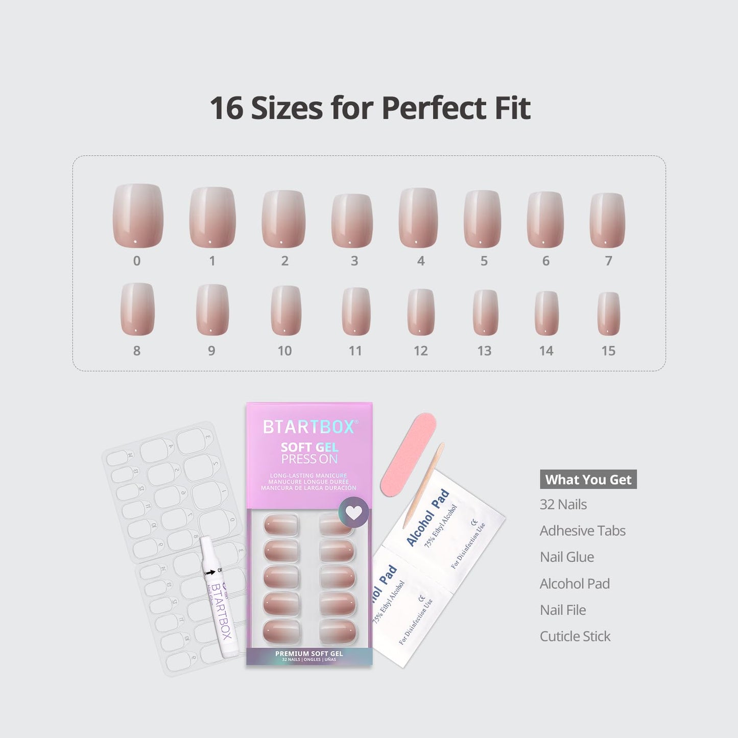 BTArtbox Press On Nails Short - 32 Pcs Ombre False Nails with Glue, Square Soft Gel Fake Nail in 16 Sizes, Natural & Reusable Stick on Nails for Women, Vanilla Cream