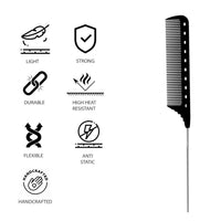 Majestik+ Measure & Style: Innovative Tail-Pin Hair Comb with Built-in Scale - Professional Carbon Fiber, High Heat Resistant (230°C), Strong, Durable, and Fine-Toothed in Stylish Black