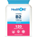 Vitamin B2 Riboflavin 100mg 120 Tablets - Energy, Stress and Migraine Support, Contributes to Reduction of Tiredness & Fatigue, Vegan, Gluten-Free Supplement | Made in UK by Health4All