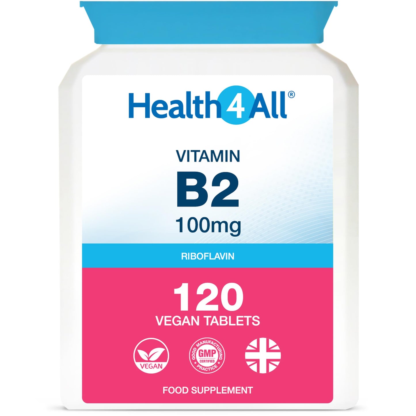 Vitamin B2 Riboflavin 100mg 120 Tablets - Energy, Stress and Migraine Support, Contributes to Reduction of Tiredness & Fatigue, Vegan, Gluten-Free Supplement | Made in UK by Health4All