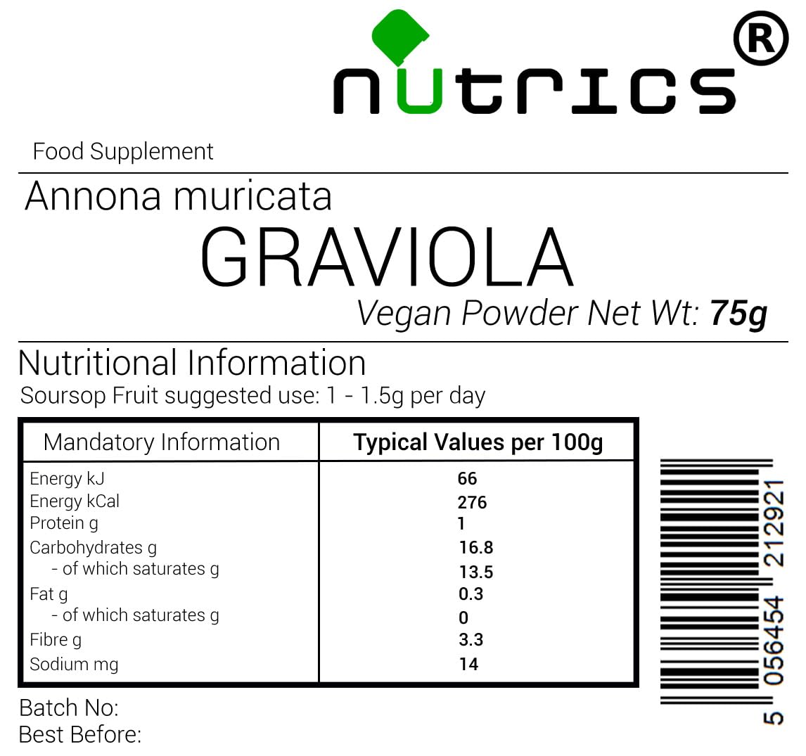 Nutrics® GRAVIOLA Fruit 75g Powder Soursop Annona muricata Suitable for Vegan Vegetarian Halal Kosher