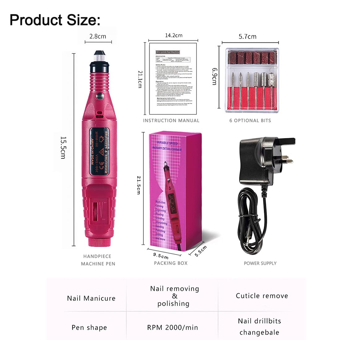 DSLIHA Electric Nail File for Thick Toe Nails Electric Nail Drill Portable Nail Files Professional Adjustable Speed with 6 Drill Bits Sanding Bands, Electric Manicure Pedicure Kit Nail Drill for Gel Nails