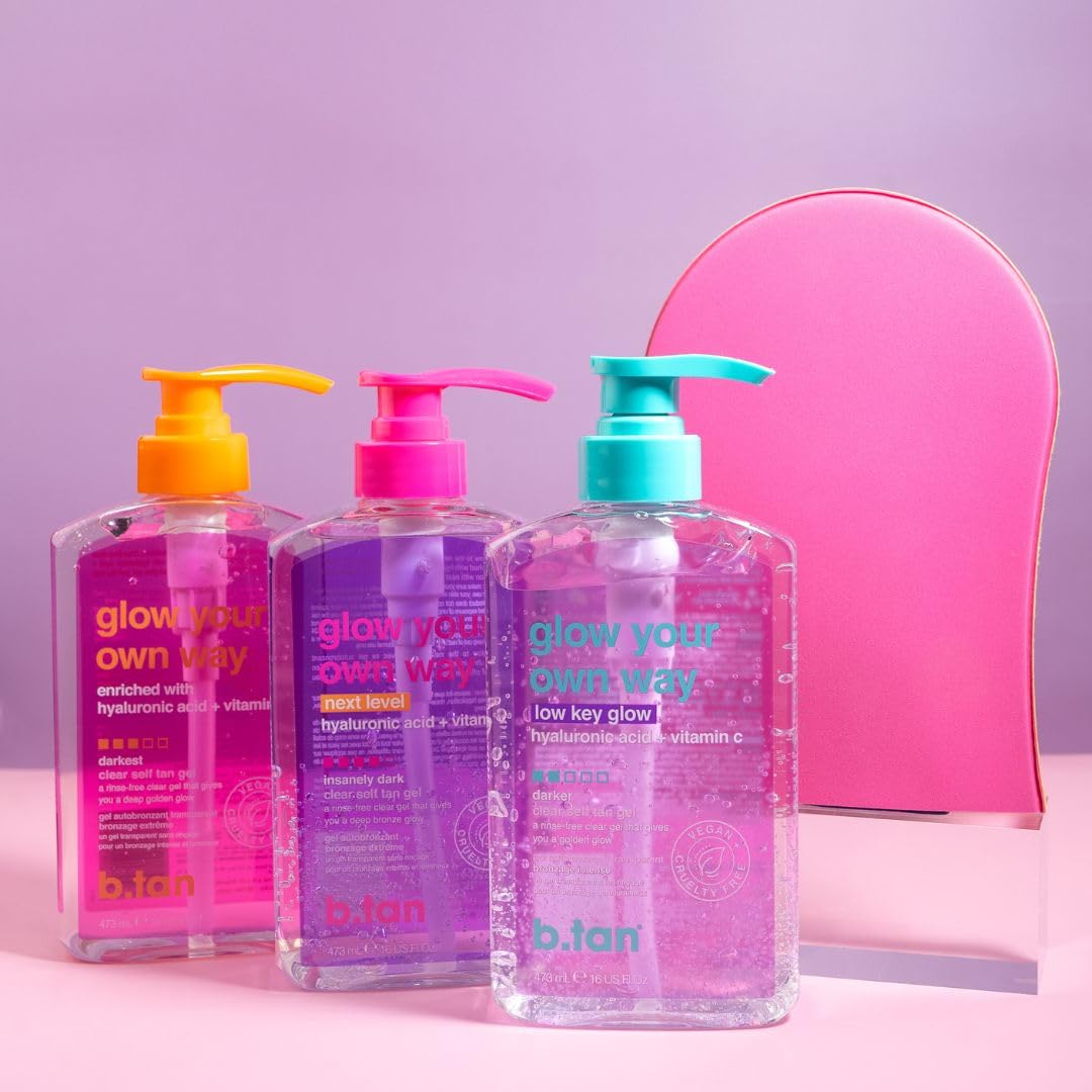 b.tan Gel Body Self Tanning Mitt | Glow Your Own Way Smooth Gel Mitt - Self Tan Gel Applicator Glove, Streak-Free, Even Application, Double Sided, Reusable