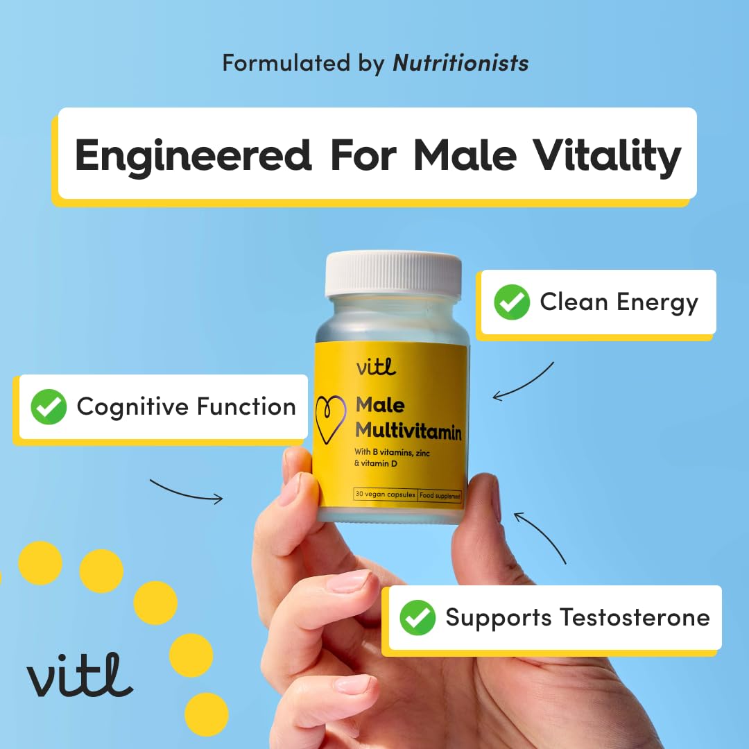 VITL Vitl Male Multivitamin & Minerals Supplement - 30 Vegan Capsules - 20 Essential Nutrients Including B Vitamins, Zinc, Vitamin D & Plant Extracts - Support Overall Male Wellbeing - 1 Month Supply