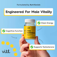 VITL Vitl Male Multivitamin & Minerals Supplement - 30 Vegan Capsules - 20 Essential Nutrients Including B Vitamins, Zinc, Vitamin D & Plant Extracts - Support Overall Male Wellbeing - 1 Month Supply