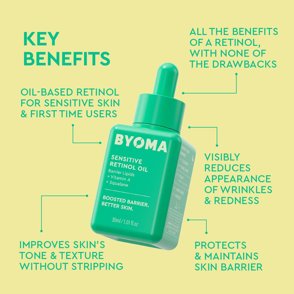 BYOMA Sensitive Retinol Oil (30ml) Face Oil with Retinol, Squalane and Vitamin A - For Sensitive Skin and Retinol Beginners, Clinically Proven to Reduce Textured Skin, Fine Lines and Wrinkles, Vegan