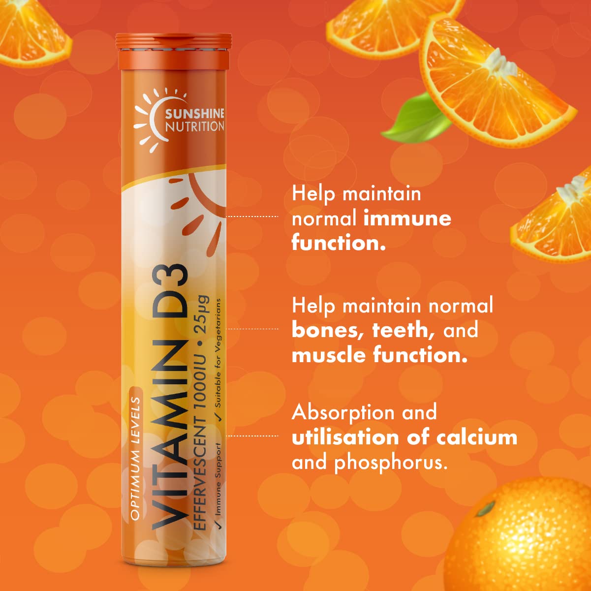 Sunshine Nutrition Vitamin D Effervescent Tablets - Dissolvable High Strength Vitamin D3-20 Vitamins Per Tube (4 Pack)