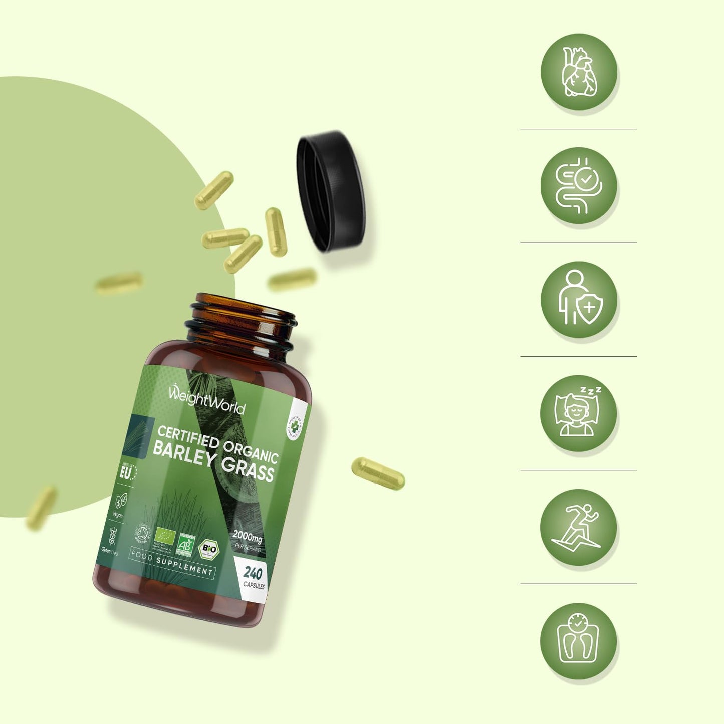 WeightWorld Organic Barley Grass Powder Capsules 2000mg - 240 Capsules - 2 Months Supply - Good Source of Vitamin A, C, K & B - Vegan & Gluten-Free - Barley Grass Juice Powder Pills for Men & Women