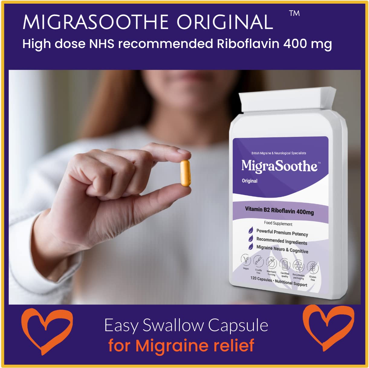 Premium Vitamin B2 Riboflavin 400mg per Capsule 120 Days Supply - Migrasoothe-B Pharma Manufacturing Standards UK Made Migraine Support, Stress, Tremors & Energy Vegan. NHS Recommended Vitamin B2 400
