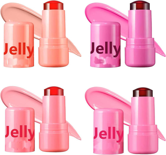 Generic 4 Pcs Jelly Blush Stick, Waterproof & Sweatproof 3-in-1 Multi-Use for Cheeks Lips Eyes, Long-Lasting 12-Hour Hydrating Formula with Hyaluronic Acid, Portable 4-Color Set with Nude (4PCS)
