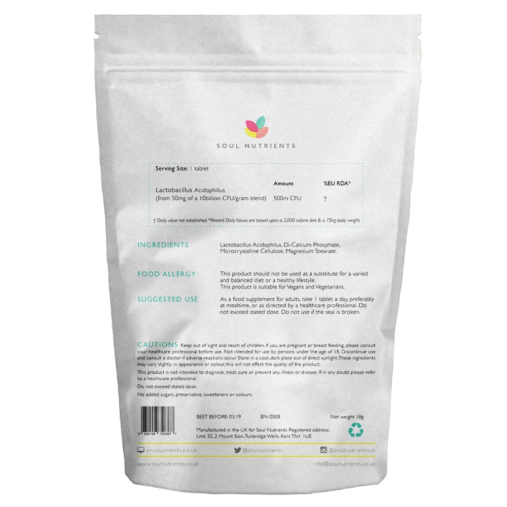 Soul Nutrients | Lactobacillus Acidophilus Probiotic Tablets(120) | High Strength 550m CFU | Live Probiotic for Healthy Digestion Gut & Bowel | Vegan Probiotic