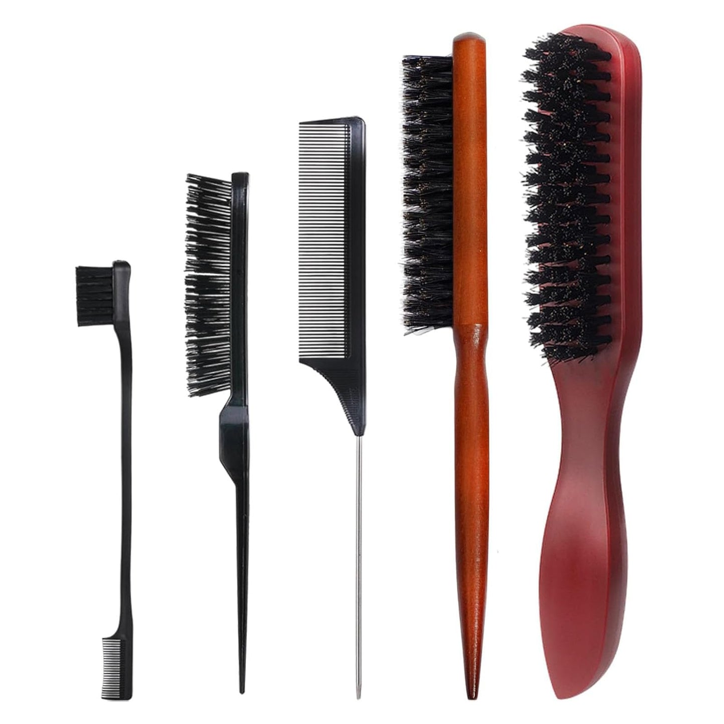 couduan 5 Pcs Slick Back Brush Set - Smoothing & Teasing Brush for Men's Hair & Beard - Rat Tail Comb with Double Sided Edge