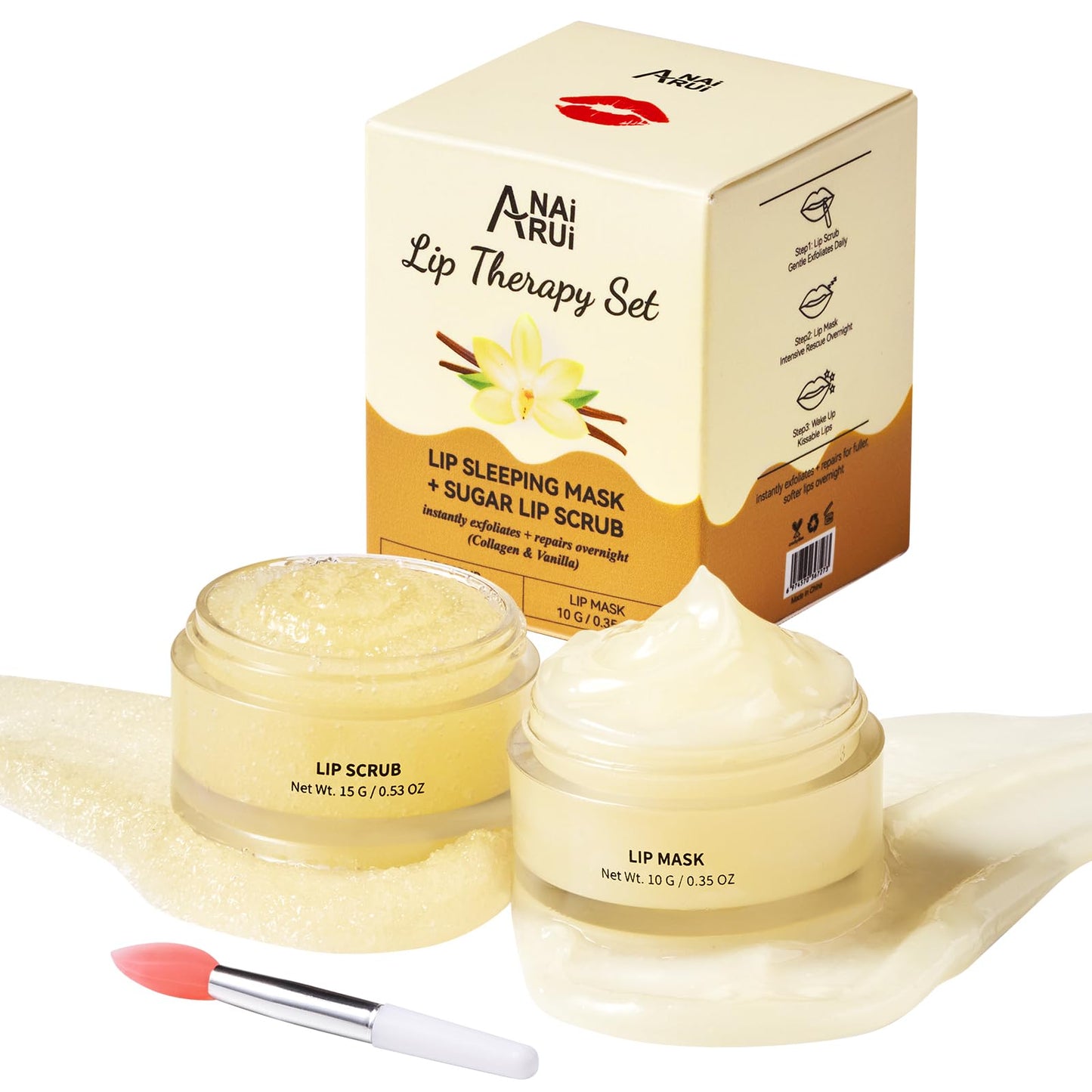 ANAI RUI ANAiRUi Lip Scrubs Exfoliator Moisturizer, Lip Sleeping Mask Sugar Lip Scrub, Lip Mask Overnight for Lip Line Wrinkle Treatment, Lip Balm for Dry Chapped Lines Lips, (Vanilla & Collagen, Peptide)