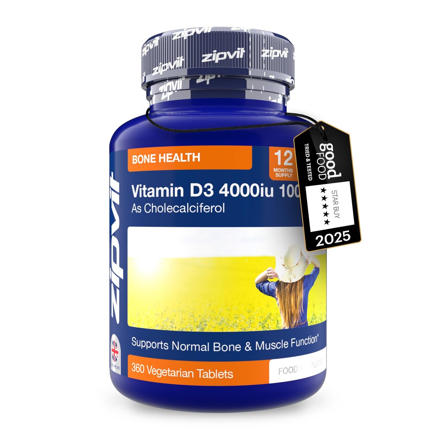 Zipvit Vitamin D3 4000 IU, 360 Maximum Strength Vitamin D Tablets, 12 Months Supply, Vegetarian, 1 a Day, VIT D3 As Cholecalciferol, Supports Bones Muscles, Immune System