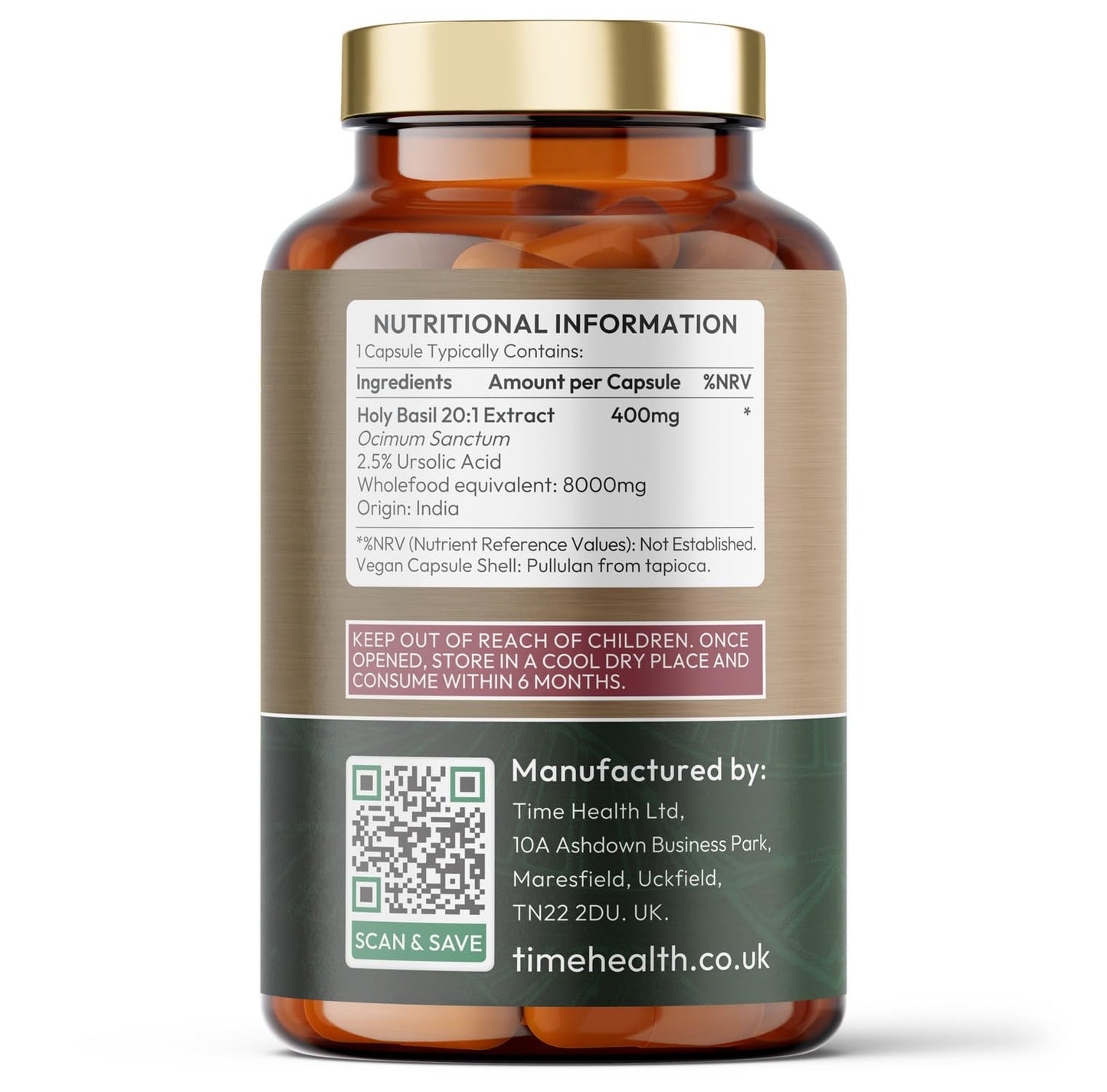 Time Health Holy Basil 20:1 (Ocimum Sanctum) 2.5% Ursolic Acid - Zero Additives - Pullulan (120 Capsules)