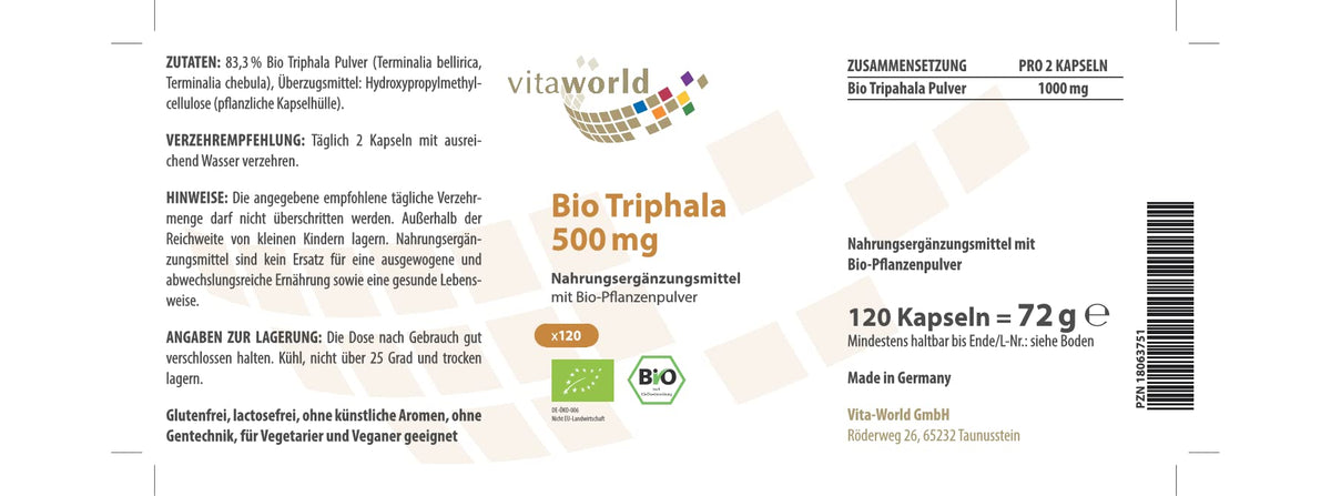 Vita World Organic Triphala 500 mg 120 Capsules, Herbal Blend Tripod, Amalaki, Bibhitaki and Haritaki Vegan Made in Germany - with Analysis Certificate