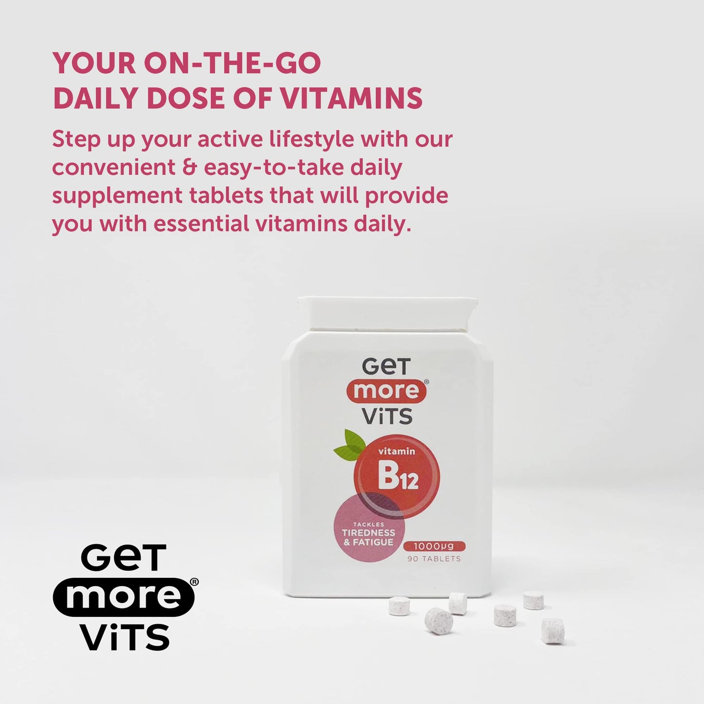 Get More Vits Vitamin B12 Tablets - 1000µg B12 Vitamin High Strength Food Supplement for Tiredness & Fatigue - Immune System Booster & Energy Tablets for Men & Women Adults - 90-Day Supply