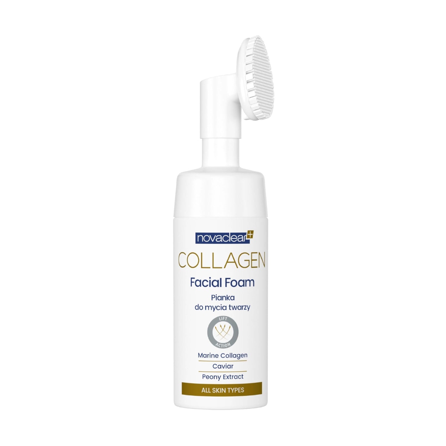 Novaclear Collagen Facial Foam – Anti-Aging Face Wash with Marine Collagen, Caviar & Botanical Extracts for Firmness – Silicone Brush for Deep Cleansing, Exfoliation & Microcirculation – 100 ML