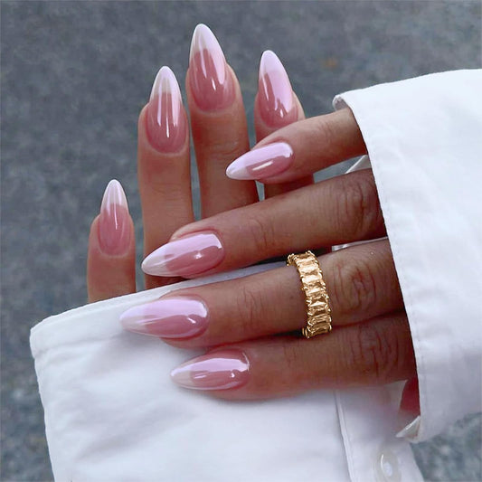 Noerrors White French Tip Press on Nails Short Almond Aurora Pink Fake Nails Glossy Classic French False Natural Thick Extra Short Acrylic Artificial Nails Kit for Women DIY Art 30Pcs