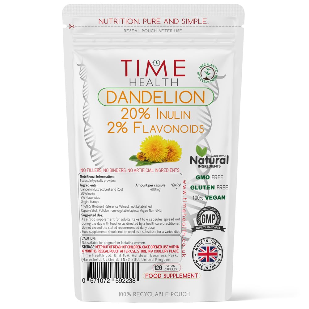 Time Health European Dandelion Extract Capsules - Full Spectrum - High Strength 2400mg Wholefood Equivalent per Capsule - 20% Inulin / 2% Flavanoids - Vegan - No Additives - Pullulan