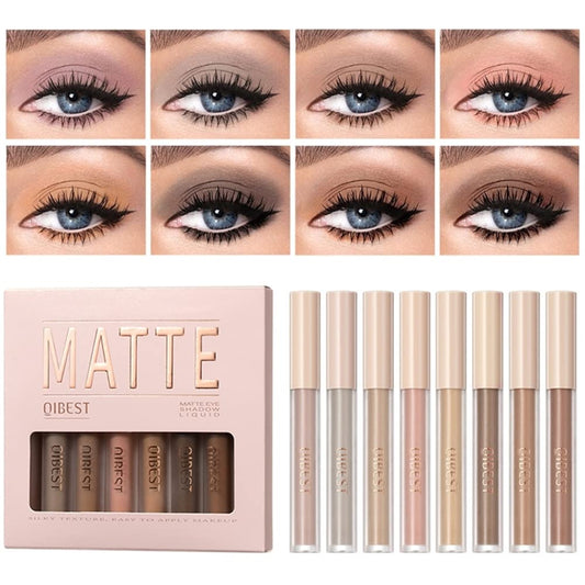 HQDA 8 Colours Matte Liquid Eyeshadow Set Velvet Highly Pigmented Smokey Black Nude Eyeshadow Long Lasting Quick Drying Eye Shadow Make Up Kits (Set A)