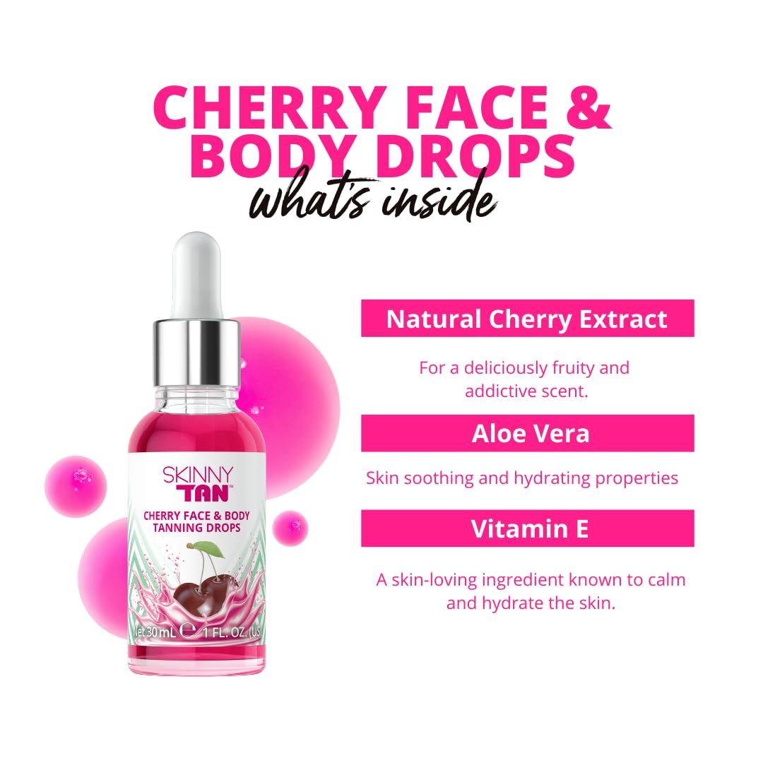 Skinny Tan Cherry Face Tanning Drops - Face & Body Drops, Cherry Extract, Aloe Vera, Vitamin E, Enhance Your Complexion, Transform Skincare Into Gradual, Vegan & Cruelty Free Skincare, 30ml