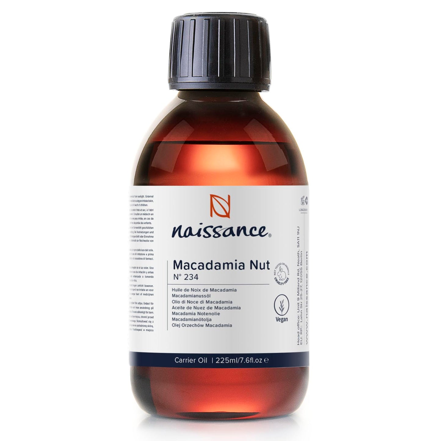 Naissance Macadamia Nut Oil (No. 234) - 225ml - Natural, Refined, Moisturiser - for Hair, Skin, Face, Body, DIY Beauty and Massage Blends