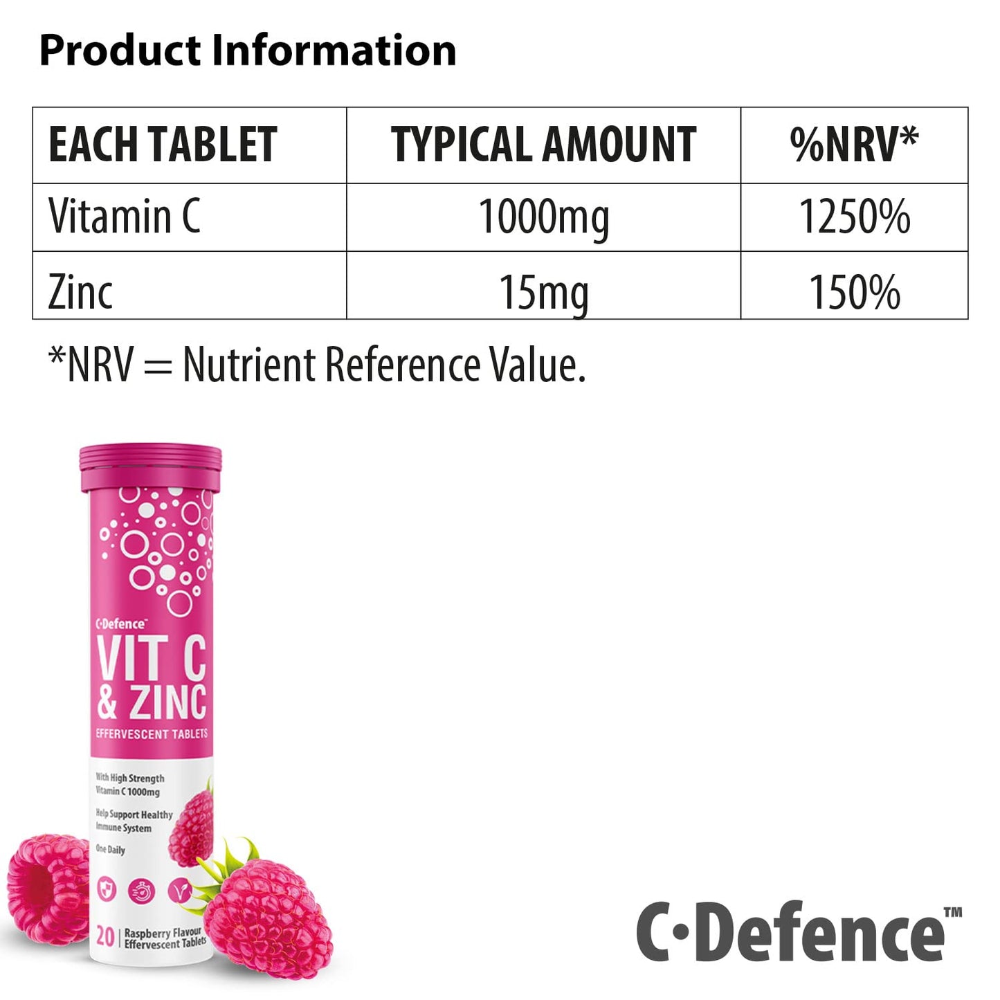C.Defence Vitamin C 1000mg & Zinc 15mg Raspberry Flavour Effervescent Tablets - High Strength Tablets for a Healthy Immune System (6 Tubes)