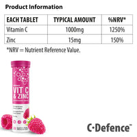 C.Defence Vitamin C 1000mg & Zinc 15mg Raspberry Flavour Effervescent Tablets - High Strength Tablets for a Healthy Immune System (6 Tubes)