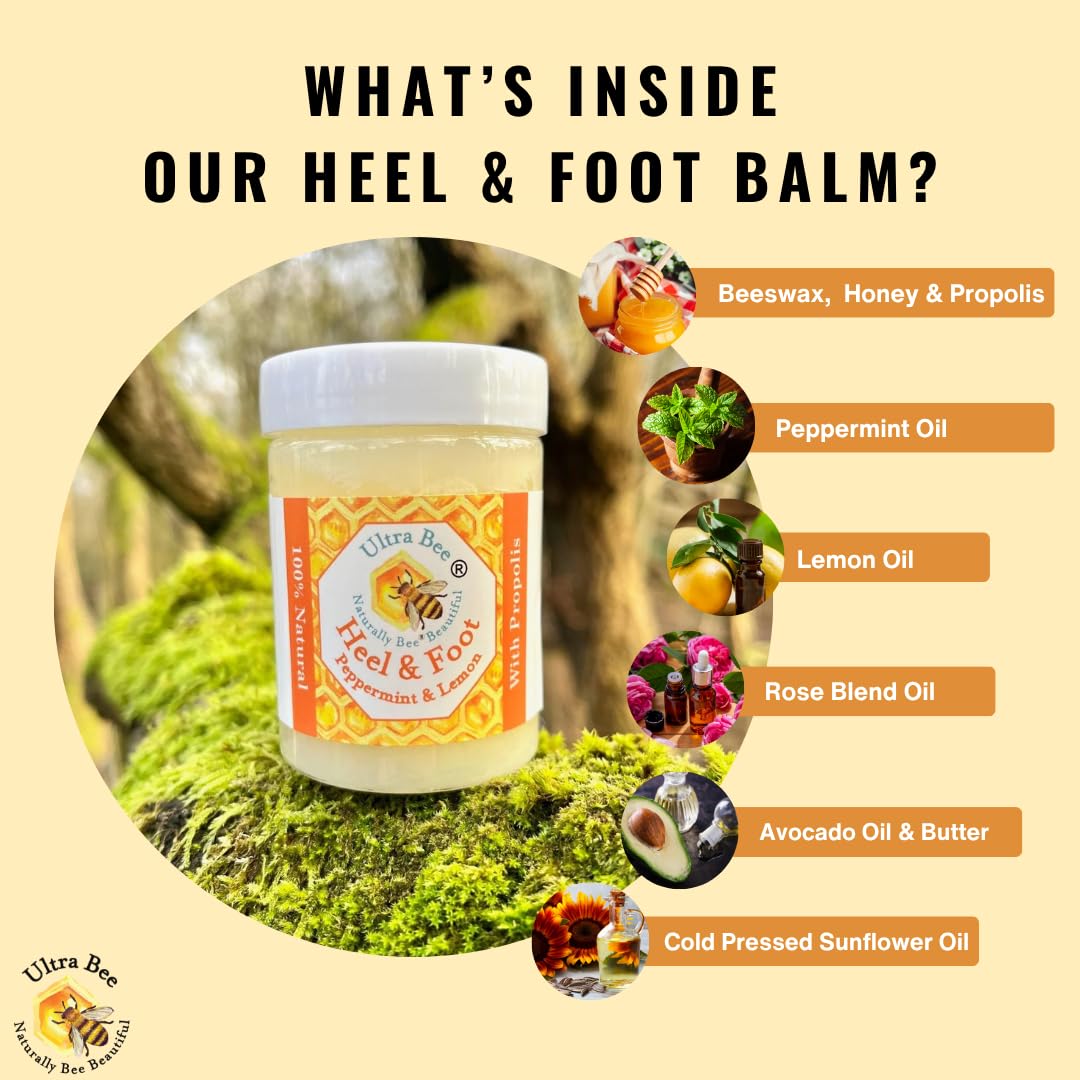 Ultra Bee 100% Natural Dry Heel & Foot Balm Honey, Propolis & Peppermint 100ml - Handmade