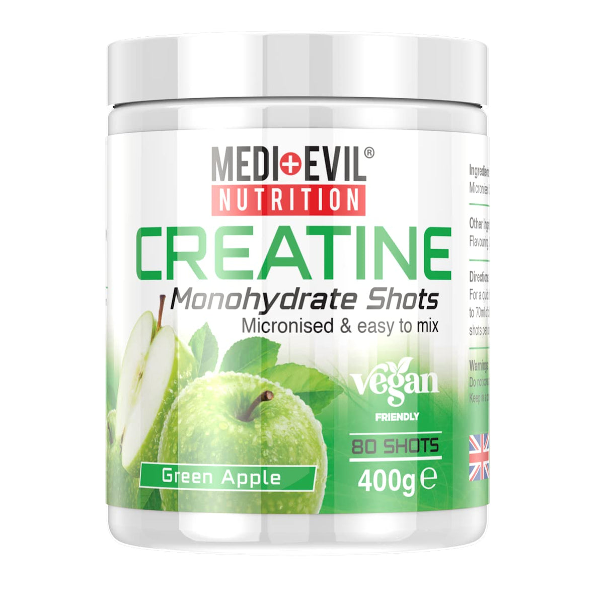 Medi-Evil Nutrition Creatine Monohydrate Powder, Green Apple Flavour, 400g, Micronised for Easy Mixing, Increases Physical Performance