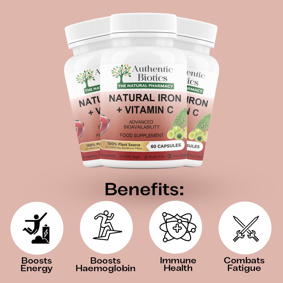 Authentic Biotics – 60 Natural Iron & Vitamin C Capsules, High Strength Iron from Curry Leaves, Vitamin C from Amla, 100% Plant-Based, Vegan & Vegetarian, Free from Fillers, Binders, and Additives (1)