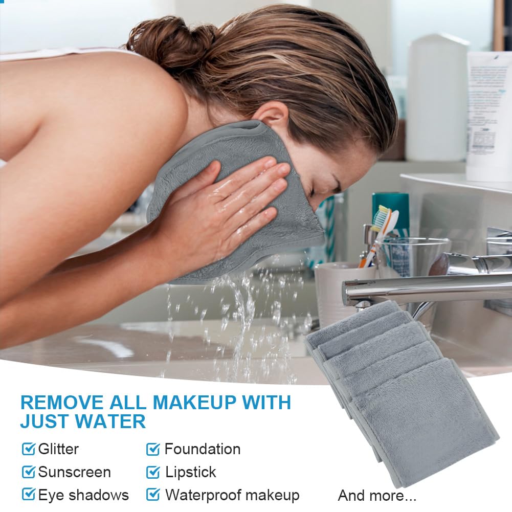 URAQT 5 Pack Face Cloths Make Up Remover Microfibre Face Wipes for Reusable Makeup Remover Cloth Washable Ultra Soft Facial Cleansing Wipe Cloths (Grey)