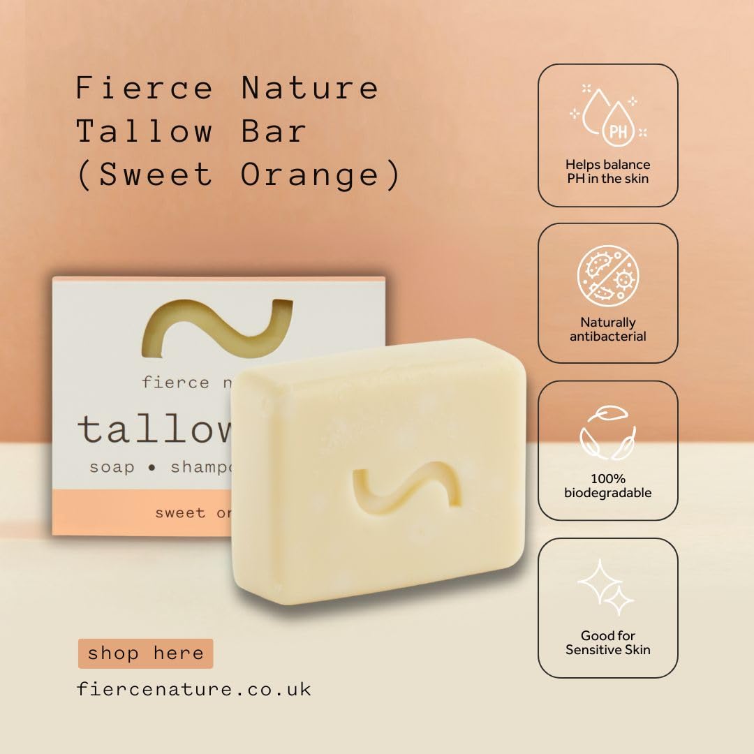 fierce nature Fierce Nature Multi-Use Tallow Bar Sweet Orange 80g | Organic Cleansing Bar for Face, Body, Hands & Hair