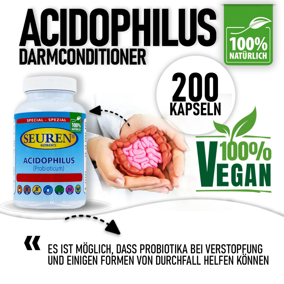 Seuren Nutrients | Acidophilus intestinal Conditioner 200 Capsules Probioticum Gluten Free | Lactose Free | Sugar Free 100% Natural