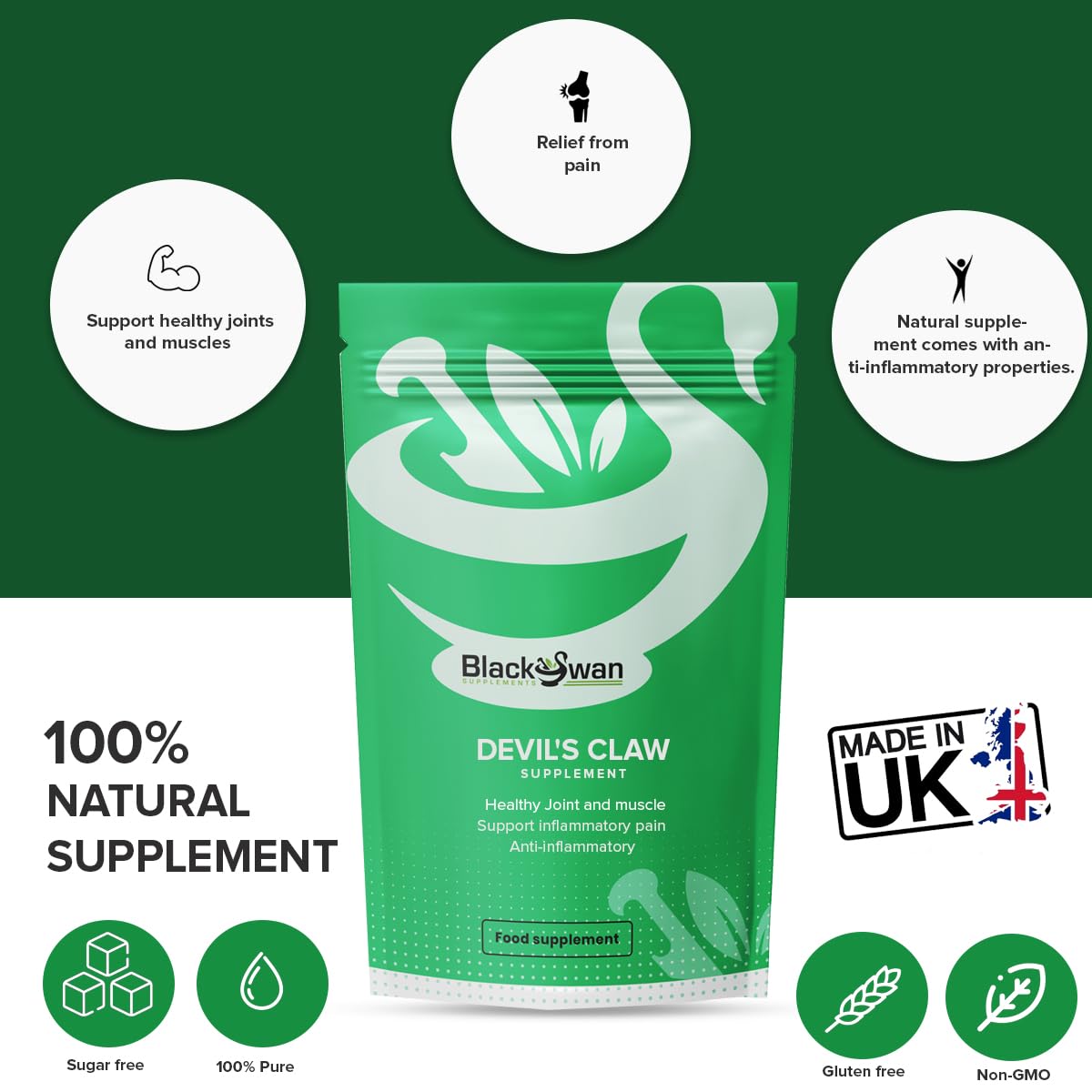 Black Swan supplements Black Swan Devil's Claw Capsules - 2500mg Antioxidant Formula Anti Inflammation Joints Digestive Health Muscle Pain Relief Natural Herbal Supplement - 60 Caps 2 Month Supply