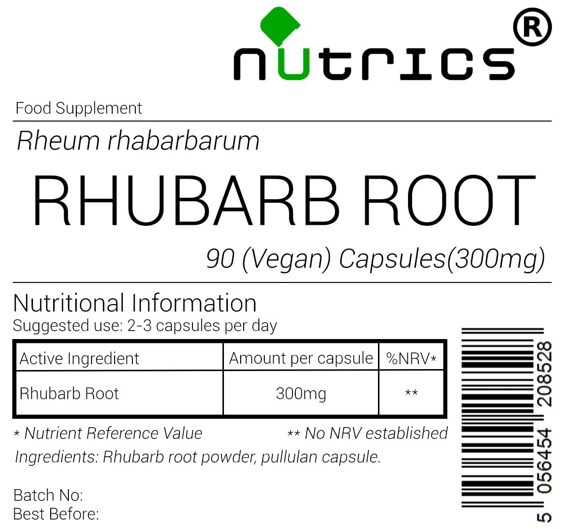 Nutrics® Rhubarb Root 300mg - Supplement - Suitable for Vegan Vegetarian Halal & Kosher Diet - Pure Rheum rhabarbarum – 100% Pure - 180 Vegan Capsules (2 Month Supply) (180)